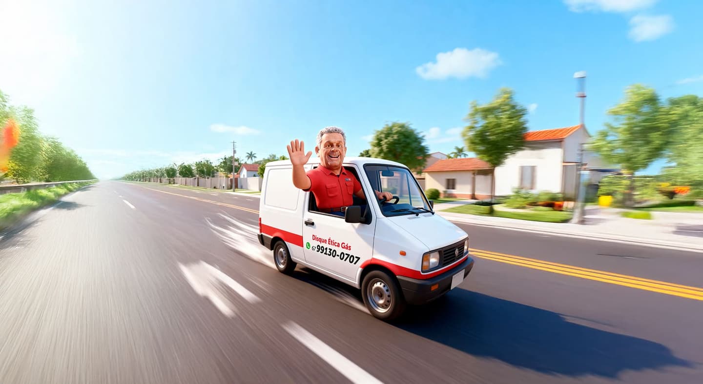 Entregador da Ética Gás dirigindo a van de entrega por uma rua de Ponta Porã